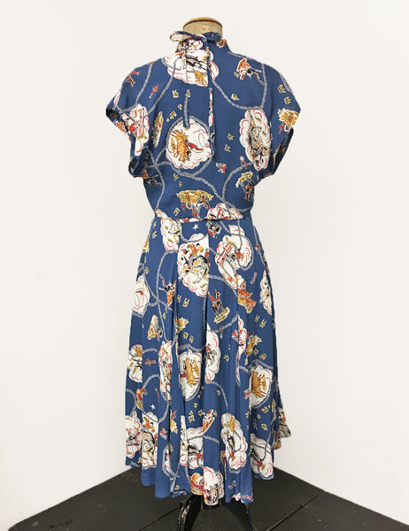 Denim Blue Vintage Western Print 1940s Inspired Marta Halter Swing Dress