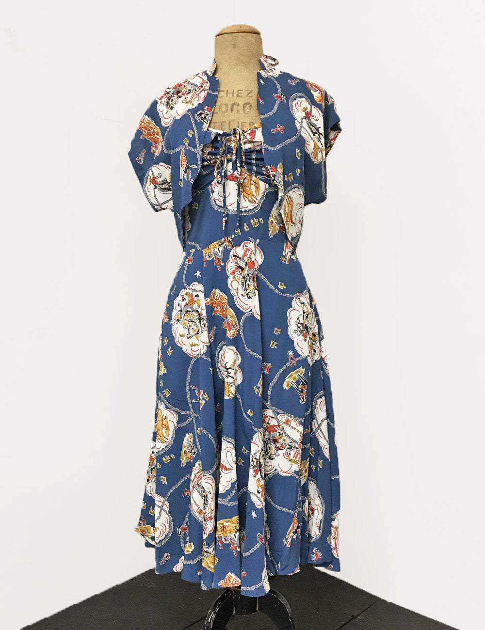 Denim Blue Vintage Western Print 1940s Inspired Marta Halter Swing Dress
