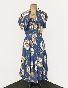 Denim Blue Vintage Western Print 1940s Inspired Marta Halter Swing Dress