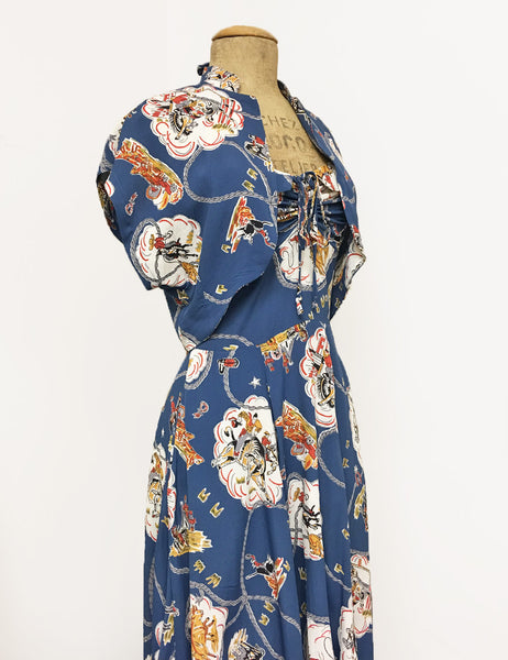 Denim Blue Vintage Western Print 1940s Inspired Marta Halter Swing Dress