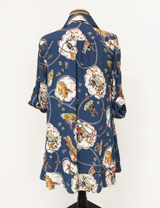Denim Blue Vintage Western Print Button Up Collared Hi-Low Blouse