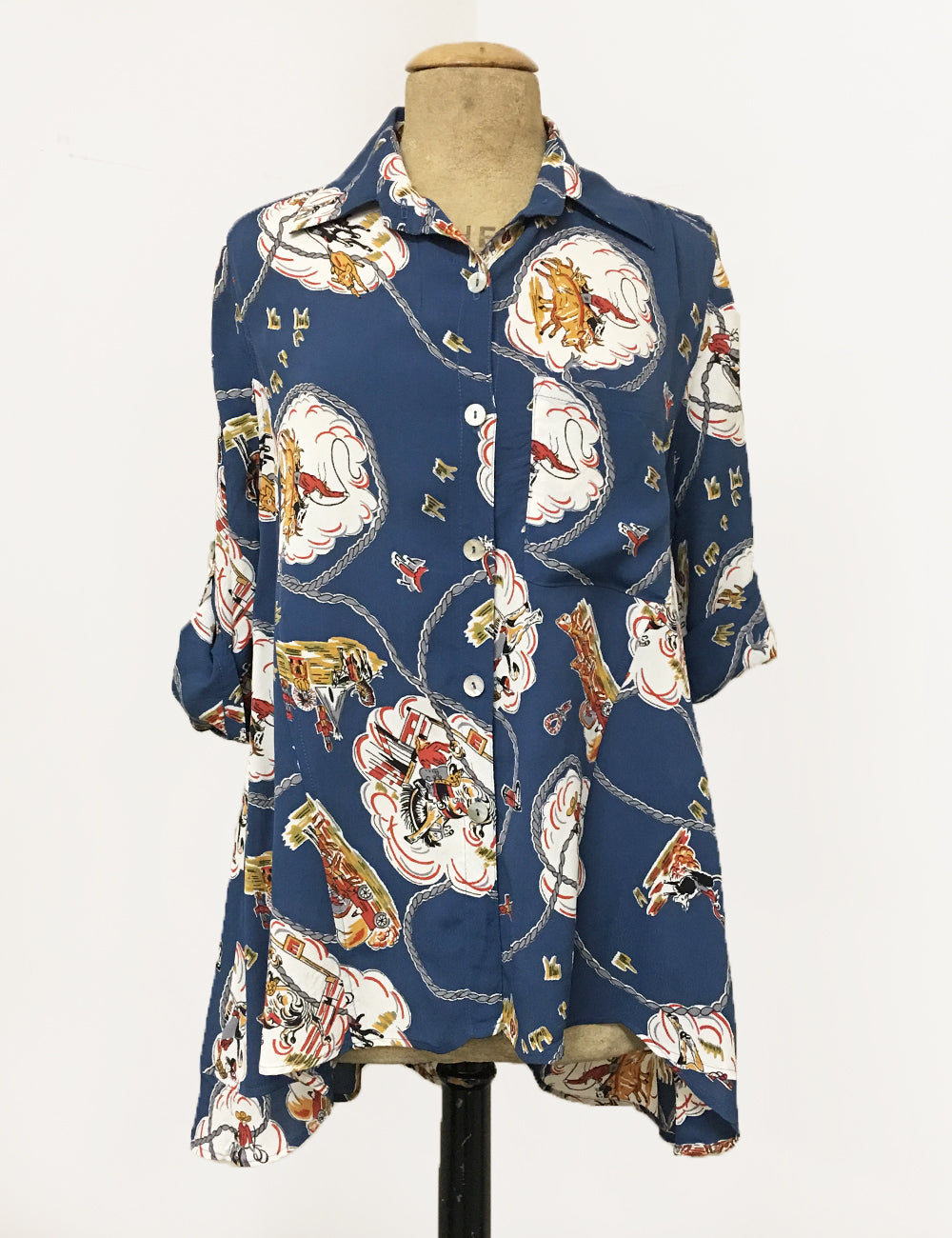Denim Blue Vintage Western Print Button Up Collared Hi-Low Blouse