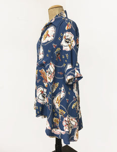 Denim Blue Vintage Western Print Button Up Collared Hi-Low Blouse