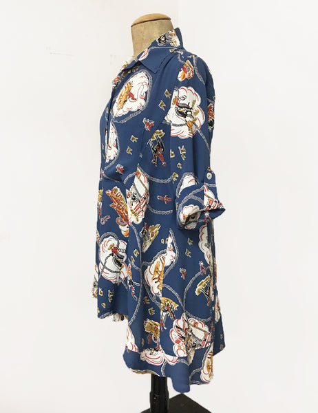 Denim Blue Vintage Western Print Button Up Collared Hi-Low Blouse
