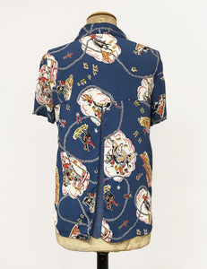 Denim Blue Vintage Western Print Button Up Short Sleeve Camp Shirt