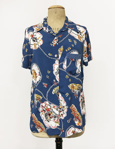 Denim Blue Vintage Western Print Button Up Short Sleeve Camp Shirt