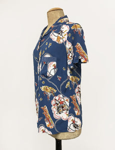 Denim Blue Vintage Western Print Button Up Short Sleeve Camp Shirt