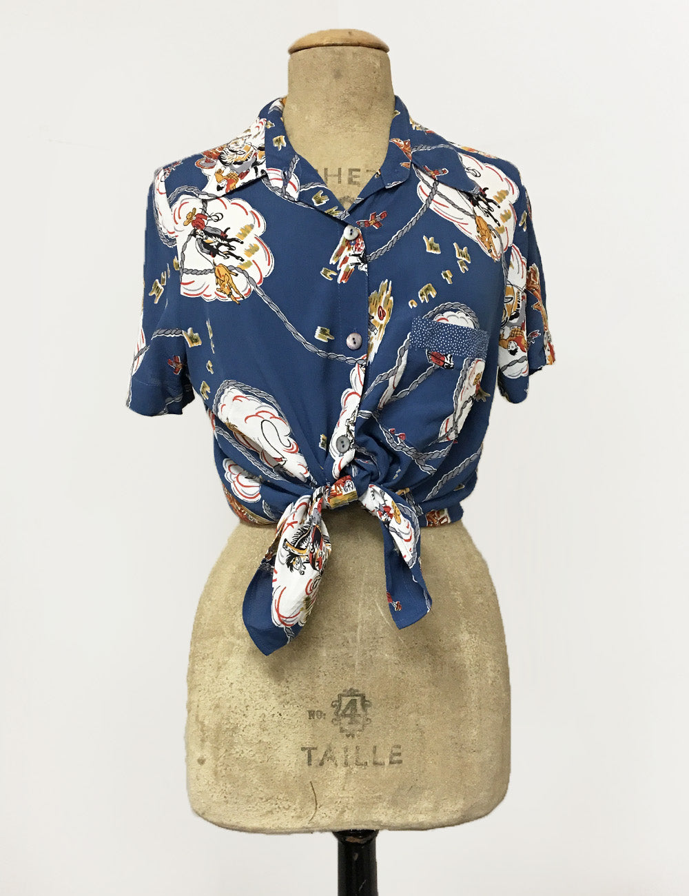 Denim Blue Vintage Western Print Button Up Short Sleeve Camp Shirt