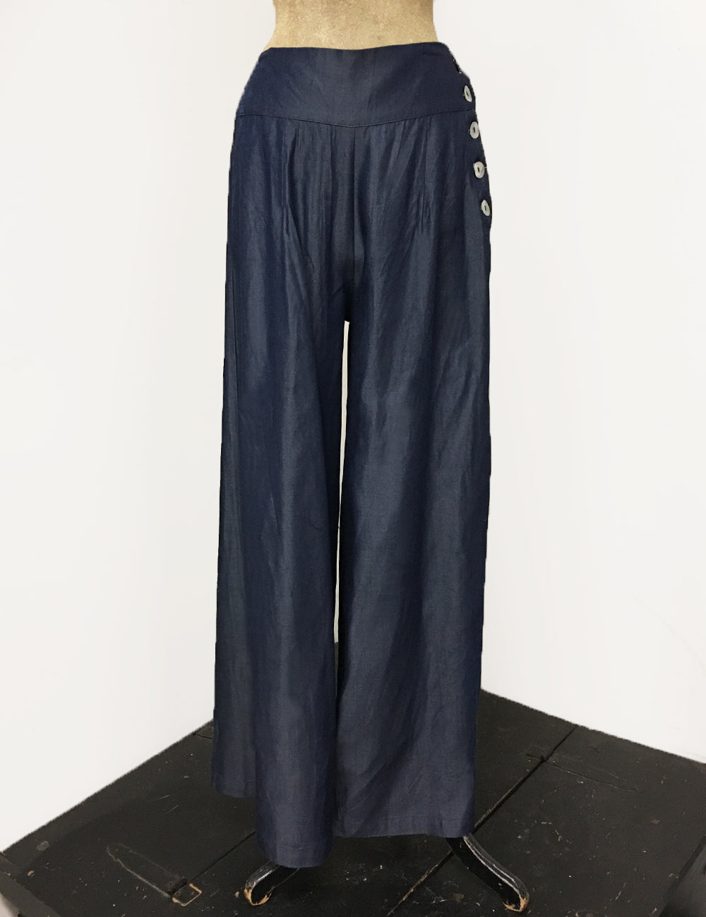 Chambray Denim Retro 1940s Style High Waisted Palazzo Pants - FINAL SALE