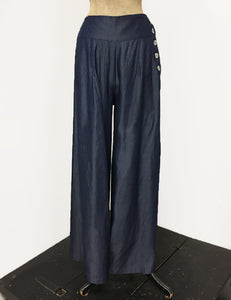 Chambray Denim Retro 1940s Style High Waisted Palazzo Pants - FINAL SALE