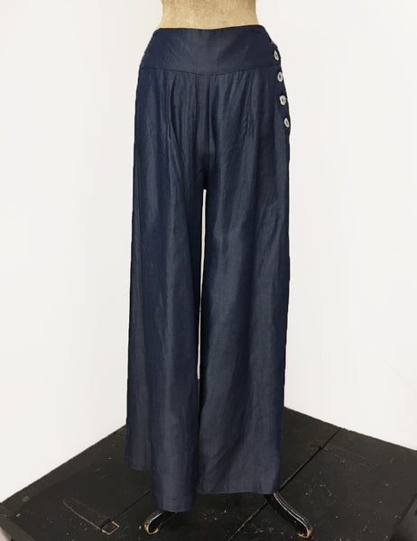 Chambray Denim Retro 1940s Style High Waisted Palazzo Pants - FINAL SALE