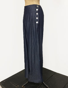 Chambray Denim Retro 1940s Style High Waisted Palazzo Pants - FINAL SALE