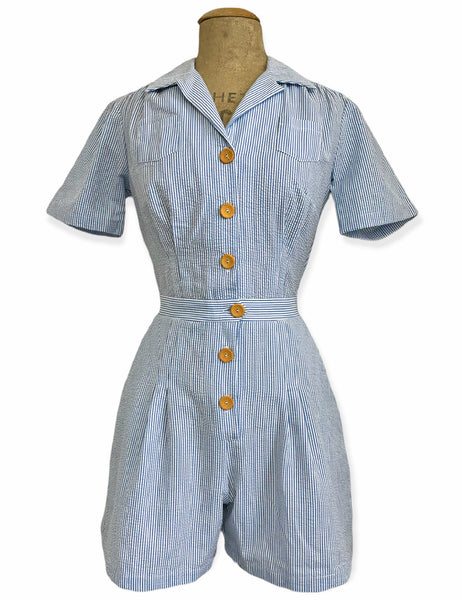 Scout for Loco Lindo Denim Blue Seersucker 1940s Carolina Romper