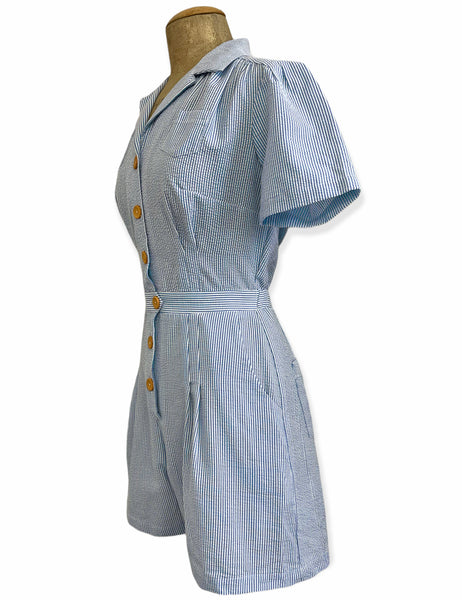 Scout for Loco Lindo Denim Blue Seersucker 1940s Carolina Romper