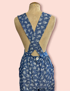 FINAL SALE - Denim Blue Floral Printed Chambray Rosie 1940s Style Bib Overalls