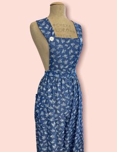 FINAL SALE - Denim Blue Floral Printed Chambray Rosie 1940s Style Bib Overalls