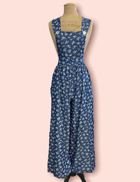 FINAL SALE - Denim Blue Floral Printed Chambray Rosie 1940s Style Bib Overalls
