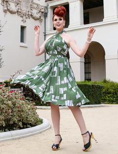 Doris Mayday for Loco Lindo - Green City Blocks Halter Retro Swing Dress