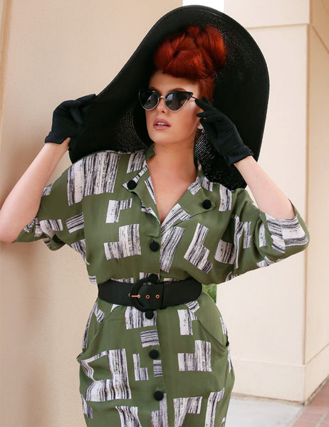 Doris Mayday for Loco Lindo - Green City Blocks 1940s Belted Manhattan Dress