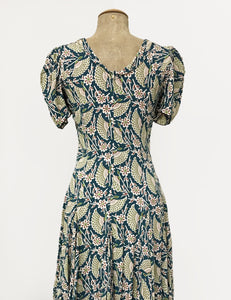 Teal Egyptian Fan Print 1930s Venice Beach Balboa Swing Dress