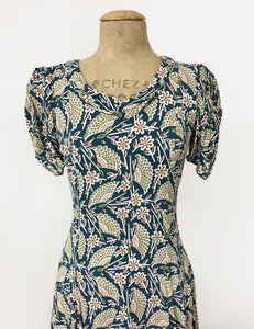 Teal Egyptian Fan Print 1930s Venice Beach Balboa Swing Dress