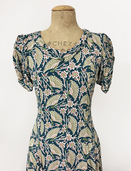 Teal Egyptian Fan Print 1930s Venice Beach Balboa Swing Dress