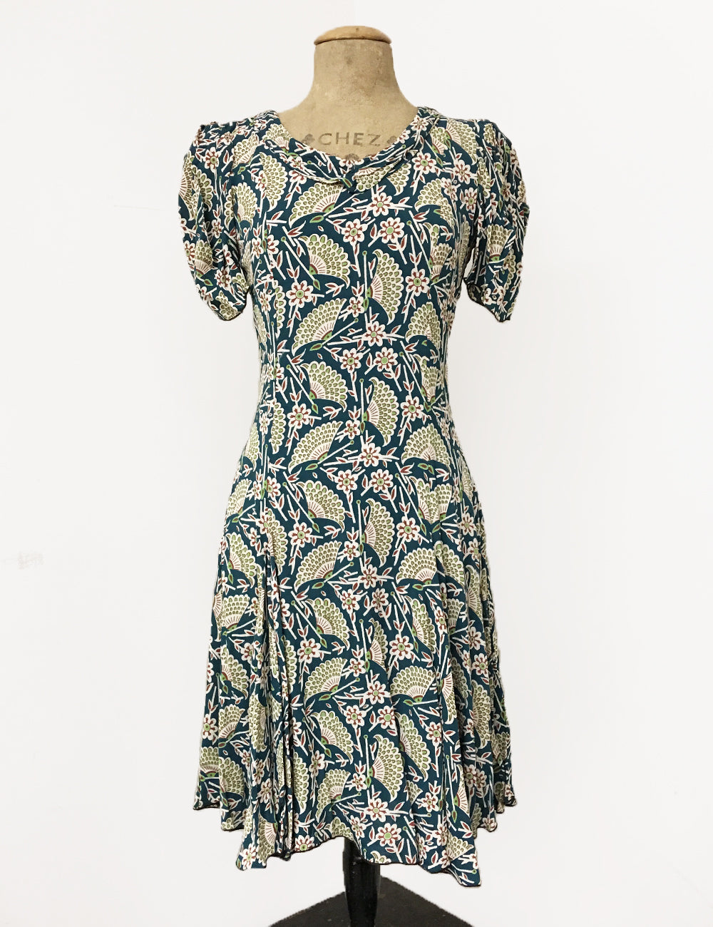 Teal Egyptian Fan Print 1930s Venice Beach Balboa Swing Dress