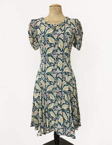 Teal Egyptian Fan Print 1930s Venice Beach Balboa Swing Dress