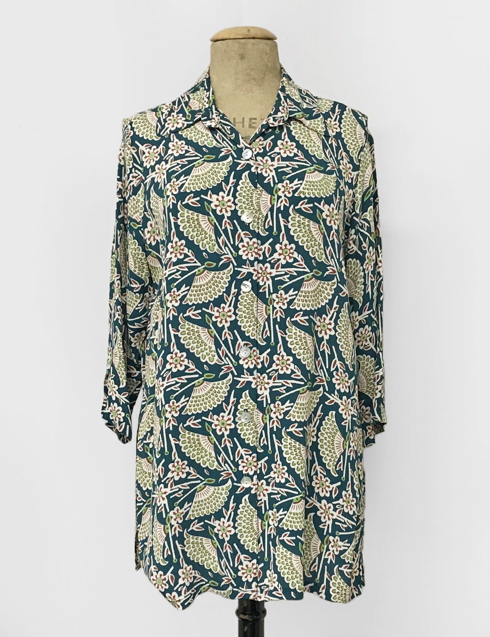 Teal Egyptian Fan Print Button Up Frankie Flyaway Top