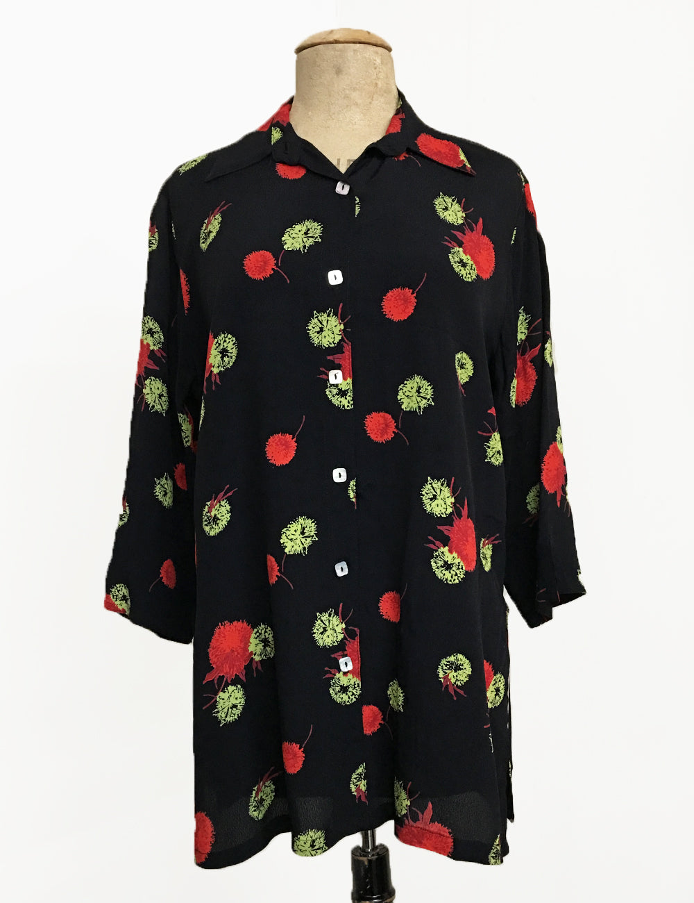 Holiday Pom Pom Print Flyaway Button Up Tunic Top