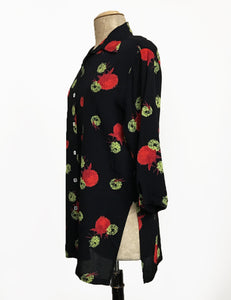 Holiday Pom Pom Print Flyaway Button Up Tunic Top