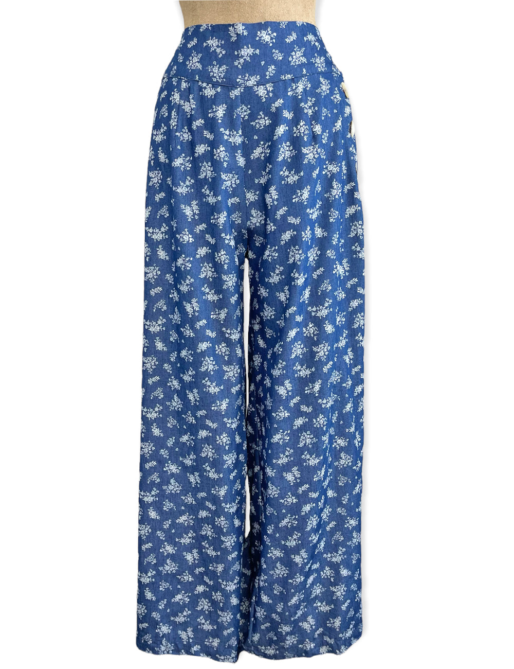 FINAL SALE - Denim Blue & Floral Printed Chambray High Waist Palazzo Pants