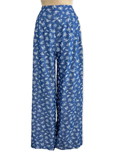 FINAL SALE - Denim Blue & Floral Printed Chambray High Waist Palazzo Pants