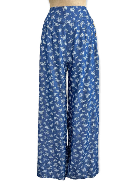 FINAL SALE - Denim Blue & Floral Printed Chambray High Waist Palazzo Pants