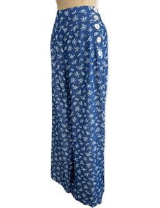 FINAL SALE - Denim Blue & Floral Printed Chambray High Waist Palazzo Pants