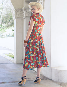 Doris Mayday for Loco Lindo - Rust Red Star of the Sea 1940s Cascade Wrap Dress