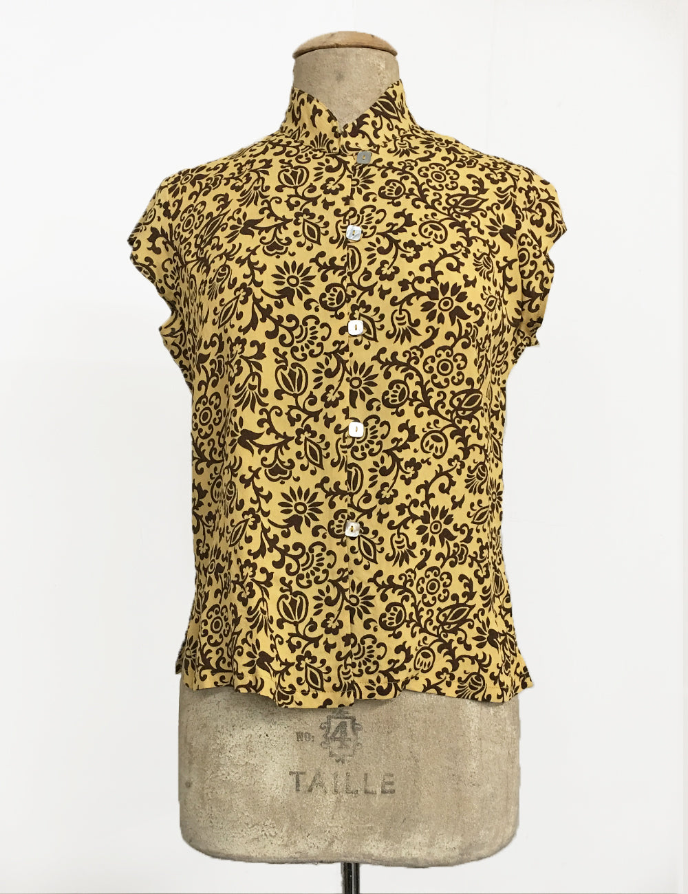 Gold & Brown Scroll Print Mandarin Collar Button Up Tea Timer Top