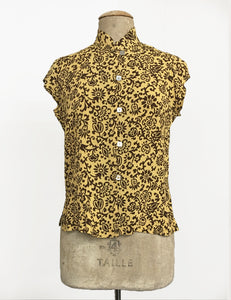 Gold & Brown Scroll Print Mandarin Collar Button Up Tea Timer Top