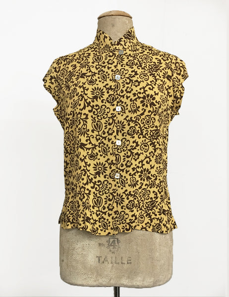 Gold & Brown Scroll Print Mandarin Collar Button Up Tea Timer Top