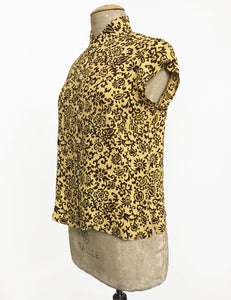Gold & Brown Scroll Print Mandarin Collar Button Up Tea Timer Top