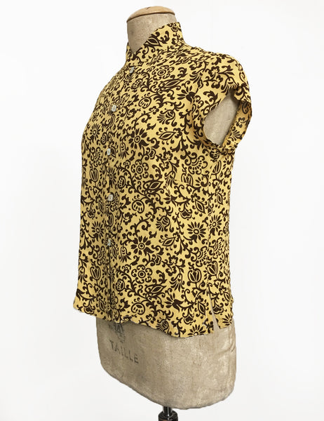 Gold & Brown Scroll Print Mandarin Collar Button Up Tea Timer Top