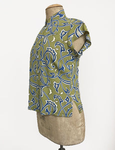 Green Abstract Leaf Print Mandarin Collar Button Up Tea Timer Top