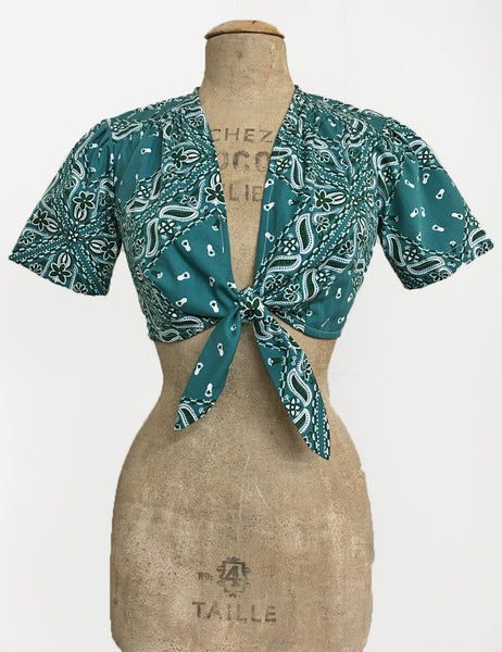 FINAL SALE - Scout for Loco Lindo Teal Green Bandana Print 1940s Style Daisy Tie Top