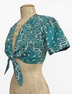 FINAL SALE - Scout for Loco Lindo Teal Green Bandana Print 1940s Style Daisy Tie Top