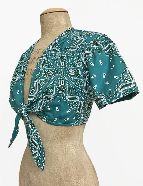 FINAL SALE - Scout for Loco Lindo Teal Green Bandana Print 1940s Style Daisy Tie Top
