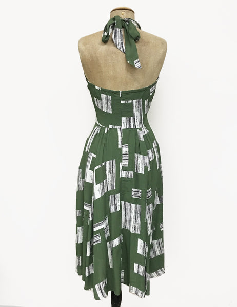 Doris Mayday for Loco Lindo - Green City Blocks Halter Retro Swing Dress