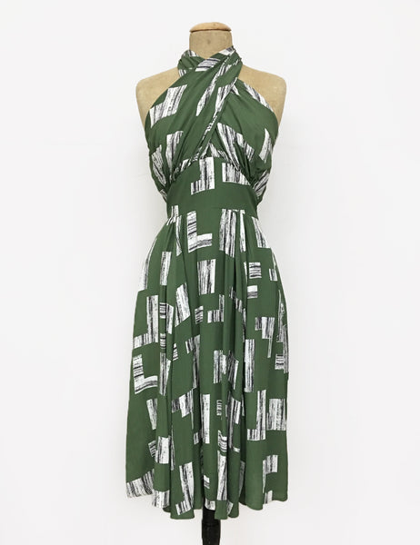 Doris Mayday for Loco Lindo - Green City Blocks Halter Retro Swing Dress