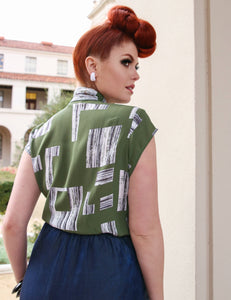 Doris Mayday for Loco Lindo - Green City Blocks Mandarin Collar Tea Timer Top