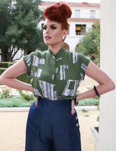 Doris Mayday for Loco Lindo - Green City Blocks Mandarin Collar Tea Timer Top