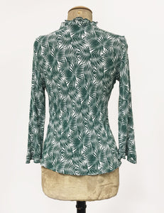 Green & White Fern Print Ruffle Fitted Femme Blouse